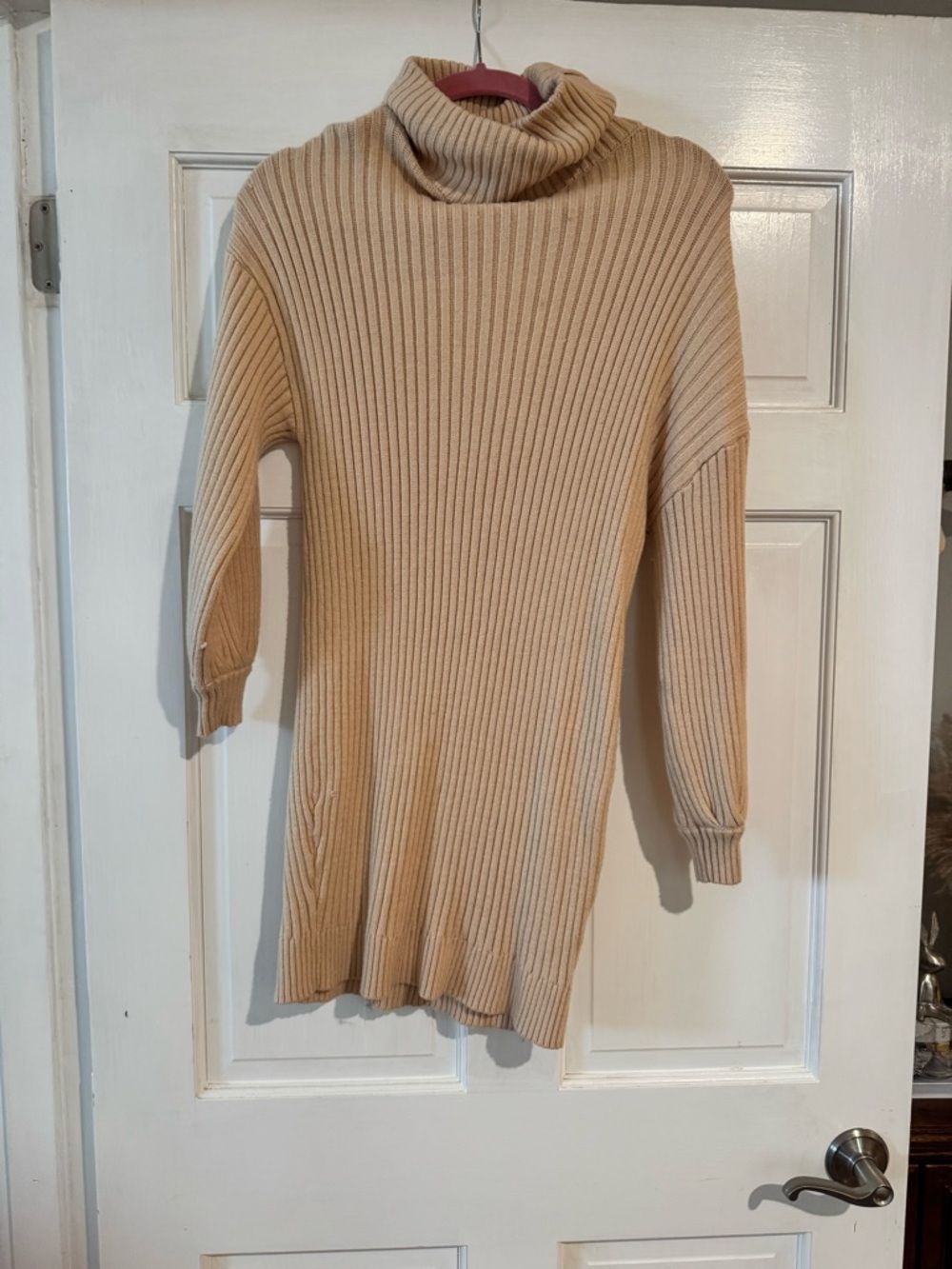 Ribbed Turtleneck Sweater Dress in Beige
